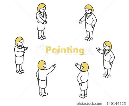 等距插畫:身穿西裝的女子指向各個方向 等距插畫:身穿西裝的女子指向各個方向 140144525