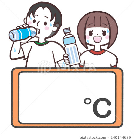 身穿運動服的男女正在補充水分,並測量體溫。 身穿運動服的男女正在補充水分,並測量體溫。 140144689