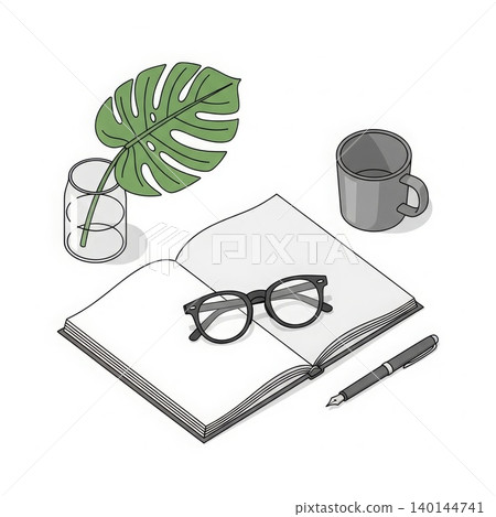 Lifestyle - Isometric Flat Lay Illustration of Open Book Glasses Fountain Pen Mug and Monstera Leaf Lifestyle - Isometric Flat Lay Illustration of Open Book Glasses Fountain Pen Mug and Monstera Leaf 140144741