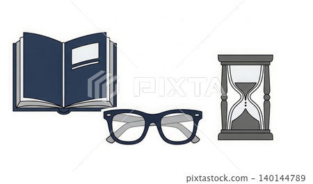 Education - Open Book Eyeglasses and Hourglass Flat Icon Set Representing Study Time and Knowledge Education - Open Book Eyeglasses and Hourglass Flat Icon Set Representing Study Time and Knowledge 140144789