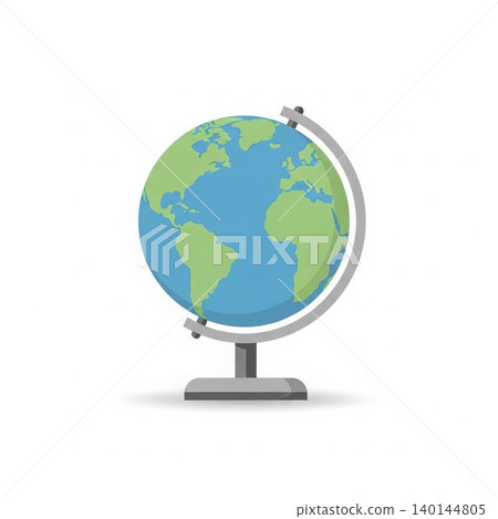 Education - Flat Design Desktop Globe on Stand Showing World Map with Blue Oceans and Green Continents 140144805