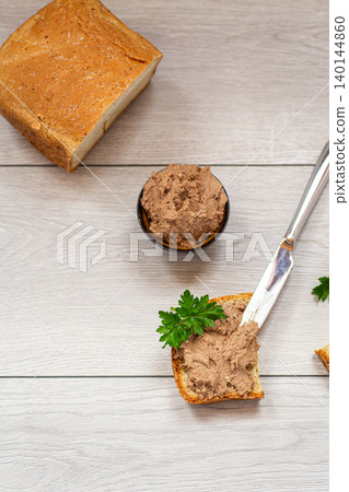 Top view gourmet liver pate snack with herbs Top view gourmet liver pate snack with herbs 140144860