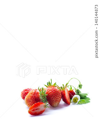 Juicy red strawberries with blossom and green leaves Juicy red strawberries with blossom and green leaves 140144873