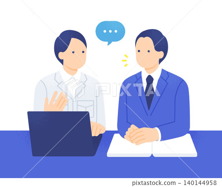 Vector illustration of a suit-wearing employee and site manager having a meeting while looking at a laptop. Vector illustration of a suit-wearing employee and site manager having a meeting while looking at a laptop. 140144958