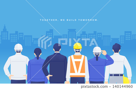 「攜手共建未來。」一群建築物與六位建築業從業人員的背影。 「攜手共建未來。」一群建築物與六位建築業從業人員的背影。 140144960