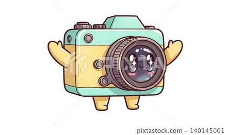 Cartoon - Cute Kawaii Camera Character with Happy Face Arms and Legs Pastel Teal Yellow Illustration Cartoon - Cute Kawaii Camera Character with Happy Face Arms and Legs Pastel Teal Yellow Illustration 140145001