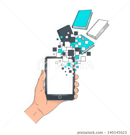 Technology - Hand Holding Smartphone with Digital Books Flying Out as Pixel Squares Representing Ebook Reading App Technology - Hand Holding Smartphone with Digital Books Flying Out as Pixel Squares Representing Ebook Reading App 140145023
