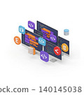 Web Development - Isometric 3D Multiple Monitor Setup with Code Editor HTML Tags and Database Icons 140145038