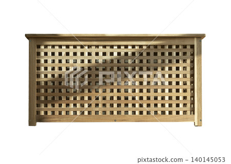 Wooden lattice panel on white background. Rectangular acacia storage front with geometric slats and natural grain. Interior design texture for furniture and decor.. Wooden lattice panel on white background. Rectangular acacia storage front with geometric slats and natural grain. Interior design texture for furniture and decor.. 140145053