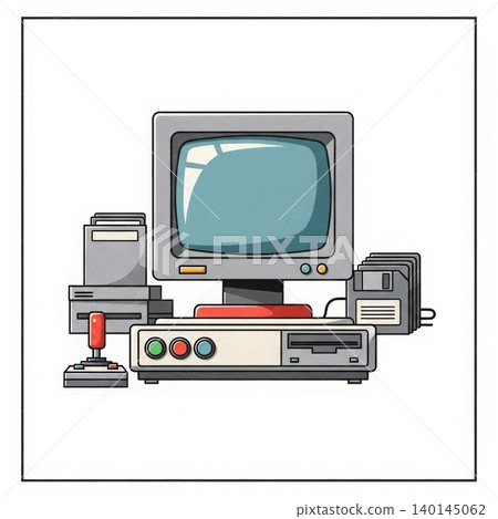 Retro Technology - Vintage 1980s Personal Computer Setup with CRT Monitor Joystick Floppy Disk and Game Console Retro Technology - Vintage 1980s Personal Computer Setup with CRT Monitor Joystick Floppy Disk and Game Console 140145062