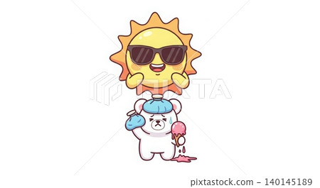 Summer Heat - Cute Cartoon Polar Bear Sweating with Melting Ice Cream and Cool Sun Character Wearing Sunglasses Summer Heat - Cute Cartoon Polar Bear Sweating with Melting Ice Cream and Cool Sun Character Wearing Sunglasses 140145189