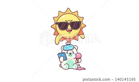 Summer Heat - Cute Cartoon Polar Bear Sweating with Ice Cream and Cool Pack Under Smiling Sun with Sunglasses Summer Heat - Cute Cartoon Polar Bear Sweating with Ice Cream and Cool Pack Under Smiling Sun with Sunglasses 140145195