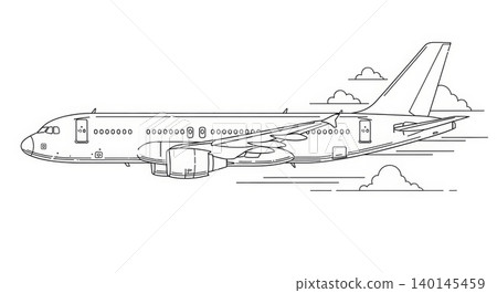 Aviation - Commercial Passenger Airplane Flying Through Clouds Side View Line Art Coloring Page Illustration 140145459