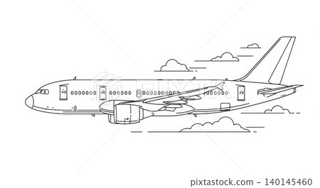 Aviation - Commercial Passenger Airplane Flying Through Clouds Side View Outline Line Art Drawing Aviation - Commercial Passenger Airplane Flying Through Clouds Side View Outline Line Art Drawing 140145460