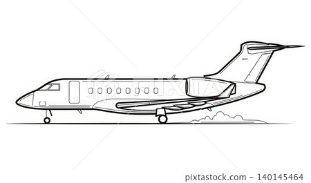 Aviation - Private Business Jet Aircraft Side View Line Drawing Illustration on White Background Aviation - Private Business Jet Aircraft Side View Line Drawing Illustration on White Background 140145464