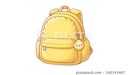 Childhood - Cute Yellow Puffy Backpack with Bear Keychain Charm Cartoon Illustration for Kids Childhood - Cute Yellow Puffy Backpack with Bear Keychain Charm Cartoon Illustration for Kids 140145467