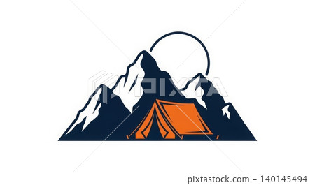 Adventure - Mountain Camping Logo with Orange Tent Snow Capped Peaks and Moon Outdoor Wilderness Badge 140145494