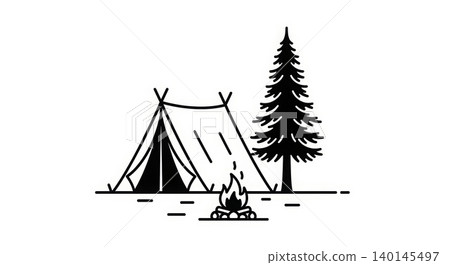 Camping - Black and White Line Art Illustration of Tent Campfire and Pine Tree Outdoor Scene Camping - Black and White Line Art Illustration of Tent Campfire and Pine Tree Outdoor Scene 140145497