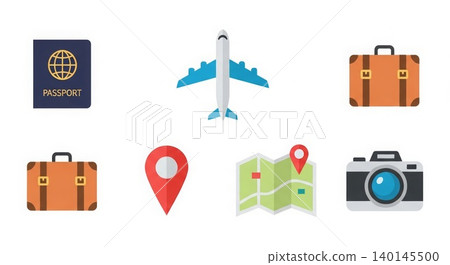 Travel - Flat Design Icon Set of Passport Airplane Luggage Map Location Pin and Camera for Tourism 140145500