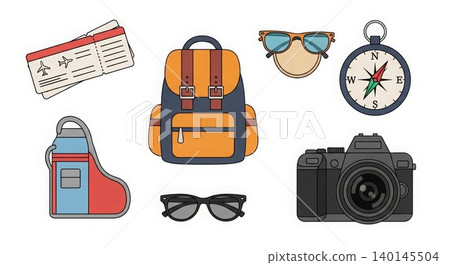 Travel - Flat Design Travel Icons Set with Backpack Camera Compass Sunglasses Airplane Tickets and Water Bottle Travel - Flat Design Travel Icons Set with Backpack Camera Compass Sunglasses Airplane Tickets and Water Bottle 140145504