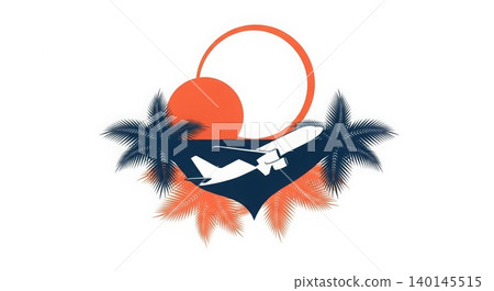 Travel - Tropical Summer Vacation Airplane Taking Off With Palm Trees and Orange Sunset Circle Logo 140145515