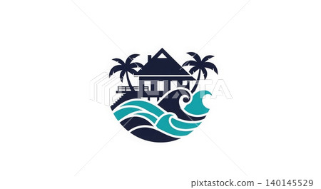 Beach Property - Coastal Beach House Logo with Ocean Waves and Palm Trees Silhouette Vector Design 140145529