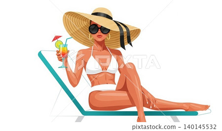 Summer - European Woman in White Bikini and Straw Hat Relaxing on Lounge Chair with Tropical Cocktail 140145532