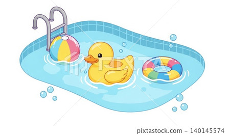Swimming Pool - Cute Rubber Duck Floating in Blue Tiled Pool with Colorful Beach Ball and Inflatable Ring Swimming Pool - Cute Rubber Duck Floating in Blue Tiled Pool with Colorful Beach Ball and Inflatable Ring 140145574