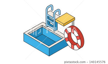 Swimming Pool - Isometric Illustration of Rectangular Pool with Ladder Diving Board and Life Preserver Ring Swimming Pool - Isometric Illustration of Rectangular Pool with Ladder Diving Board and Life Preserver Ring 140145576