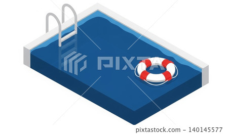 Swimming Pool - Isometric View of Rectangular Blue Pool with Metal Ladder and Red White Life Ring Buoy Floating on Water 140145577