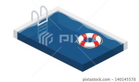 Swimming Pool - Isometric View of Rectangular Blue Swimming Pool with Metal Ladder and Red White Life Ring Float 140145578