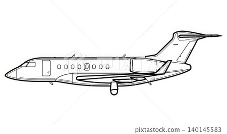 Aviation - Business Jet Aircraft Side View Line Drawing Outline Illustration Private Plane Silhouette 140145583