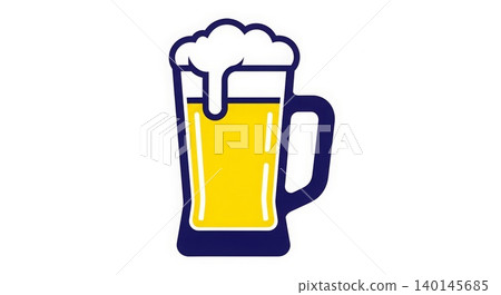 Beverage - Frothy Cold Beer Mug Full of Golden Lager with Overflowing Foam Flat Icon Illustration 140145685