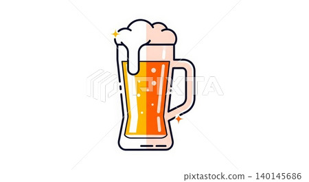 Beverage - Frothy Cold Beer Mug with Overflowing Foam and Golden Amber Ale in Flat Style Vector Icon Illustration 140145686