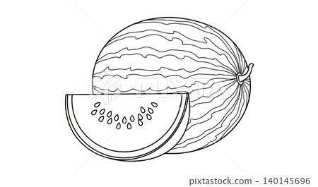 Food - Watermelon Whole Fruit and Sliced Piece Line Art Coloring Page Illustration with Seeds Food - Watermelon Whole Fruit and Sliced Piece Line Art Coloring Page Illustration with Seeds 140145696