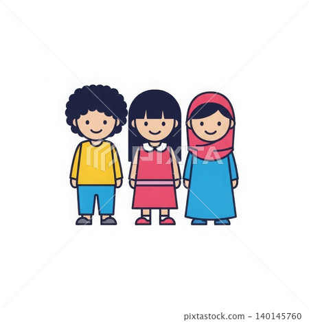 Diversity - Three Diverse Cartoon Children Standing Together Boy with Curly Hair Girl in Dress Muslim Girl in Hijab 140145760