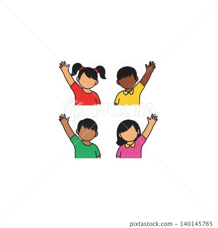 Education - Diverse Multiracial Children Raising Hands in Colorful Shirts Cartoon Illustration Set 140145765