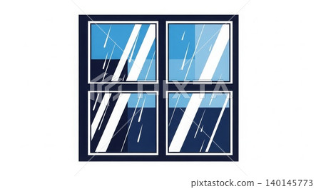 Weather - Rainy Day View Through Four Pane Window with Diagonal Rain Streaks and Blue Sky Reflection 140145773