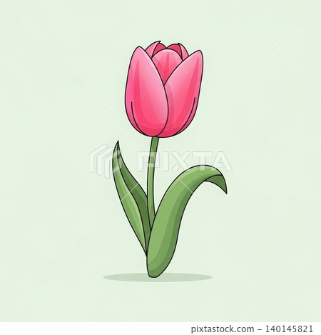 Flower - Pink Tulip Cartoon Illustration with Green Stem and Leaves on Light Green Background Flower - Pink Tulip Cartoon Illustration with Green Stem and Leaves on Light Green Background 140145821