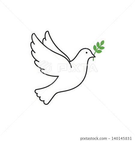 Peace - White Dove Flying with Green Olive Branch in Beak Minimalist Line Art Icon Illustration Peace - White Dove Flying with Green Olive Branch in Beak Minimalist Line Art Icon Illustration 140145831