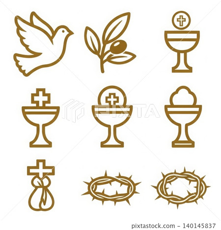 Religion - Christian Gold Line Icons Set with Dove Olive Branch Chalice Cross Crown of Thorns Symbols 140145837