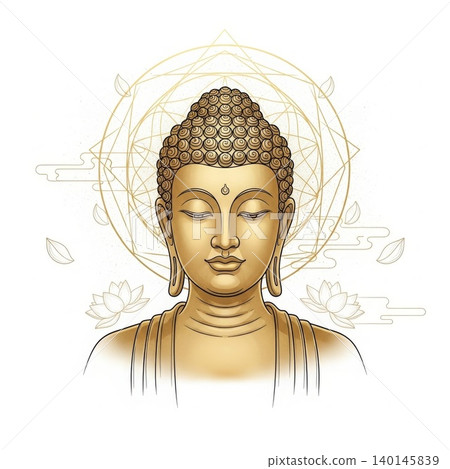 Religion - Golden Buddha Head Illustration with Sacred Geometry Halo Lotus Flowers and Meditative Serene Expression Religion - Golden Buddha Head Illustration with Sacred Geometry Halo Lotus Flowers and Meditative Serene Expression 140145839