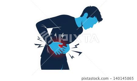 Medical - Man Suffering from Severe Lower Back Pain Holding Waist with Both Hands in Bent Posture Medical - Man Suffering from Severe Lower Back Pain Holding Waist with Both Hands in Bent Posture 140145865