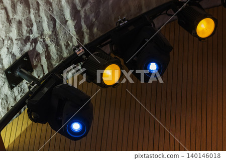 Overhead stage lighting rig, close up photo Overhead stage lighting rig, close up photo 140146018
