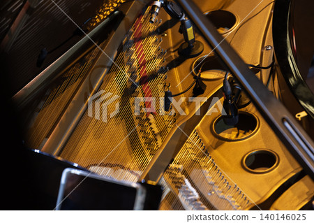 Close-up view of a grand piano interior showing strings Close-up view of a grand piano interior showing strings 140146025