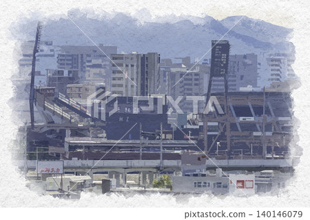 廣島市中心的水彩風格繪畫，包括位於廣島縣廣島市的馬自達Zoom-Zoom體育場。 140146079