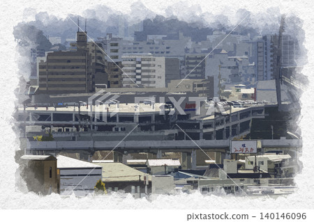 廣島市中心、Costco超市、廣島市、廣島縣的水彩風格繪畫 廣島市中心、Costco超市、廣島市、廣島縣的水彩風格繪畫 140146096