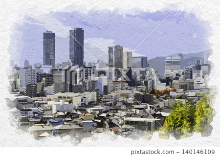 廣島市廣島站週邊地區的水彩風格城市景觀畫 140146109
