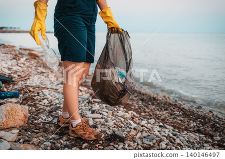 Earth day. A volunteer holds a plastic bag with garbage and poses on the beach. Close-up of feet. The concept of cleanup garbage on the ocean coast Earth day. A volunteer holds a plastic bag with garbage and poses on the beach. Close-up of feet. The concept of cleanup garbage on the ocean coast 140146497