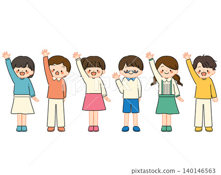 Full-body illustration of children raising their hands with smiles (in pop colors) 140146563